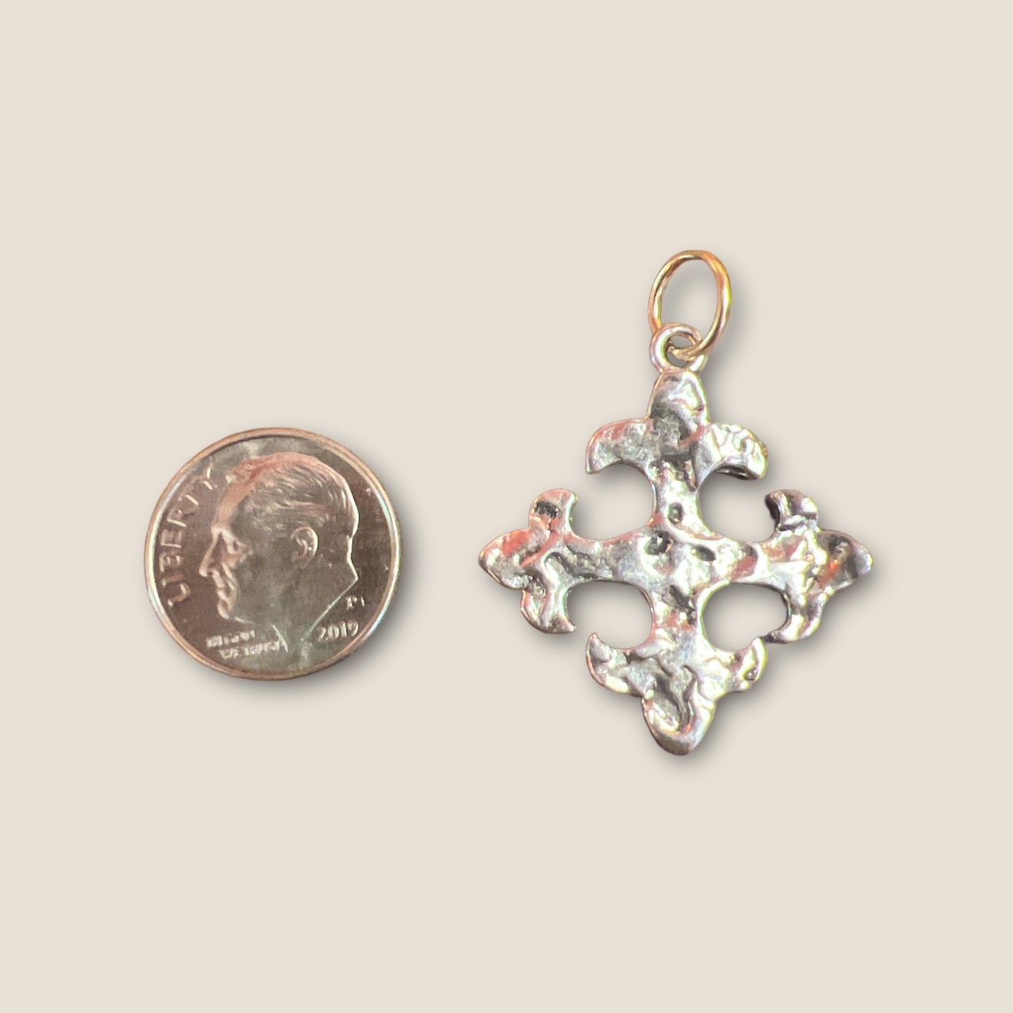 Hammered Fleur de Lis Silver Cross Charm