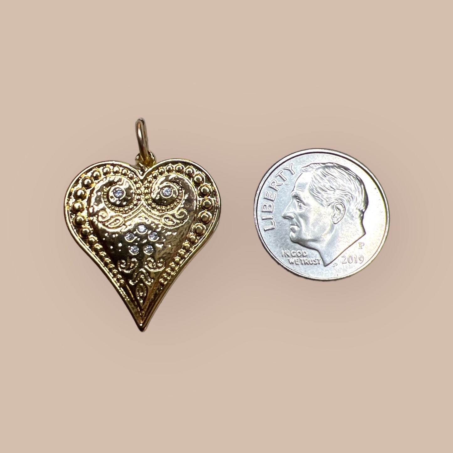 Heart with Carving and CZ Accents Charm